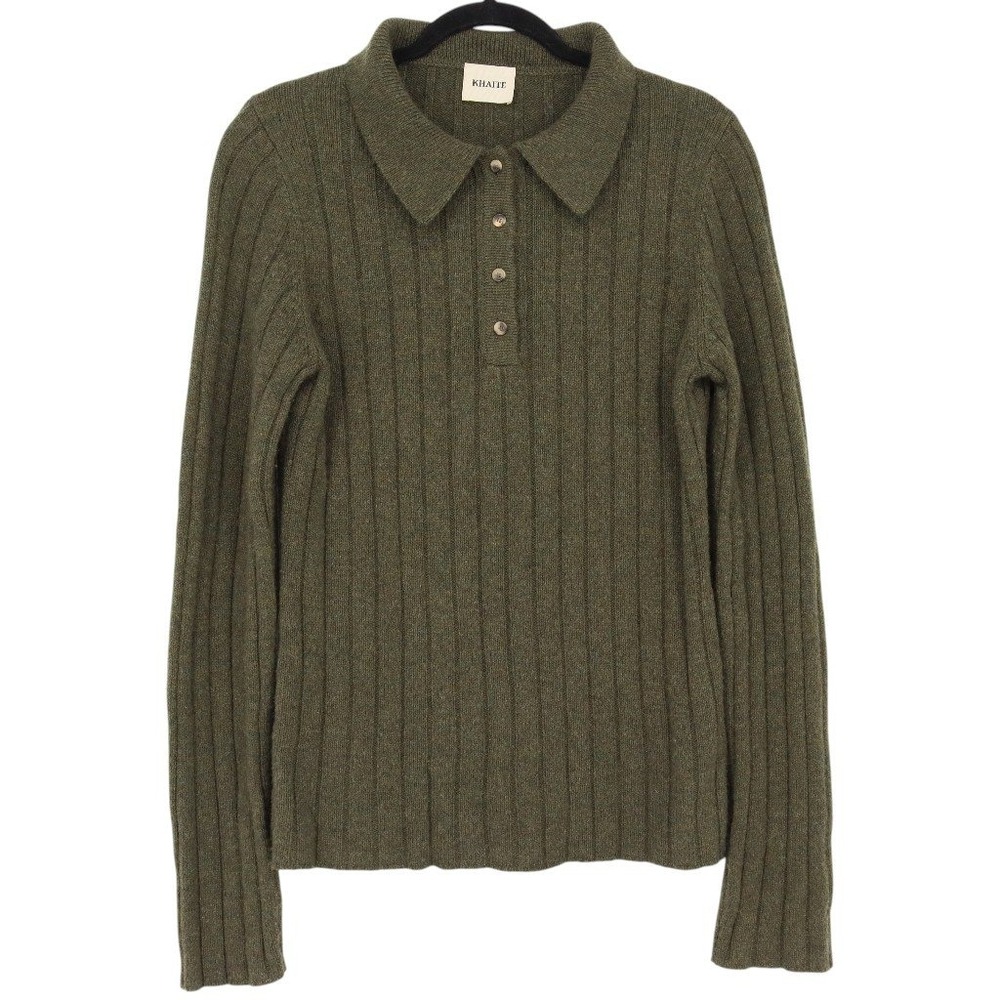 KHAITE Women's Hans Polo Jumper Sweater Cashmere Ribbed Olive Green Size XL